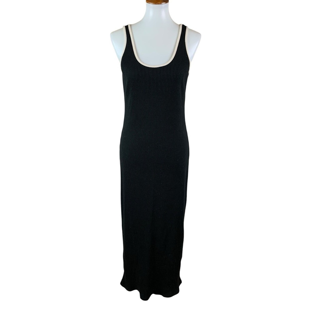 Things Between Ribbed‎ Knit Midi Tank Dress Black Beige Trim Small Sleeveless